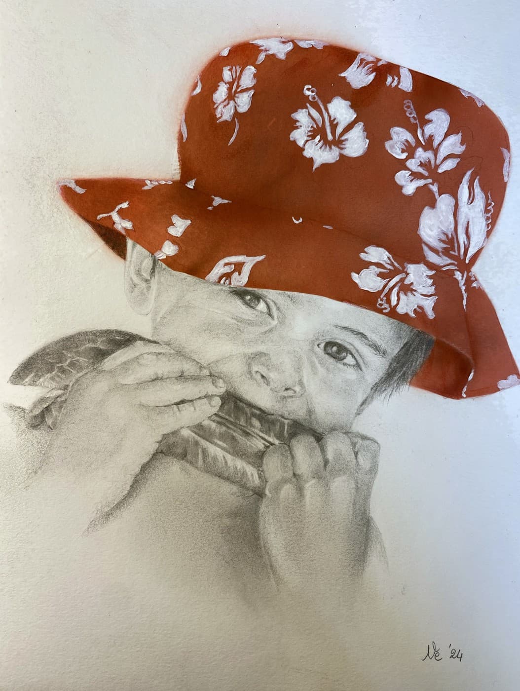 Mixed-media portrait of a child playing a harmonica, wearing a red floral sun hat.