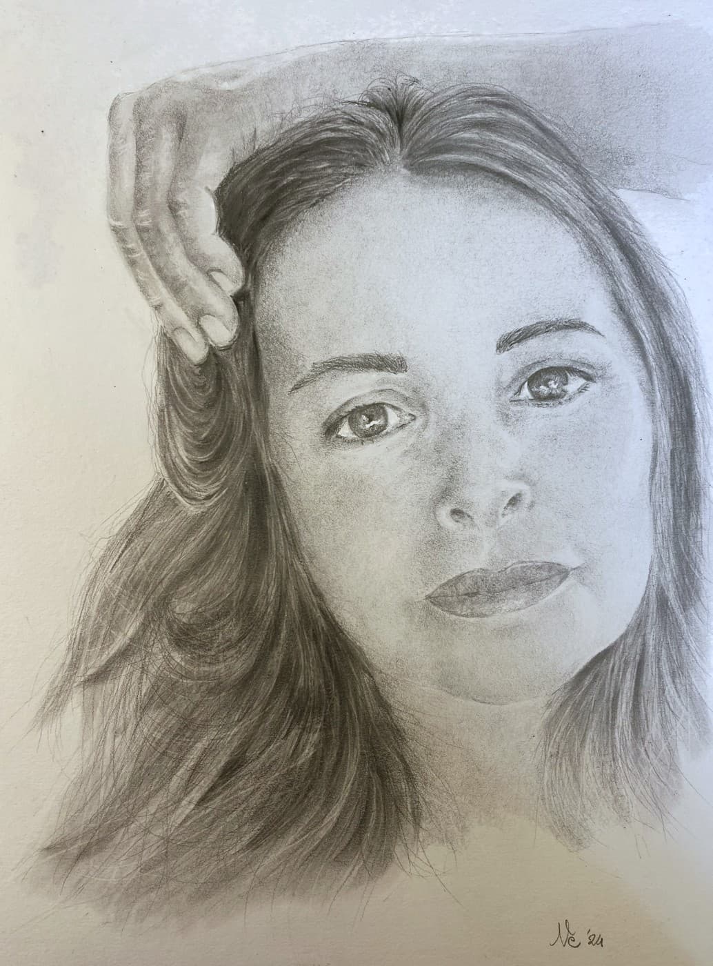 Pencil portrait of a woman with long hair, holding it back with one hand.
