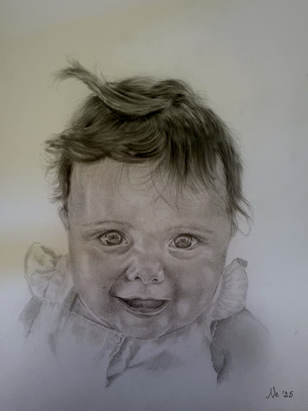 Pencil portrait of a smiling baby with a curl of hair and a ruffled collar.