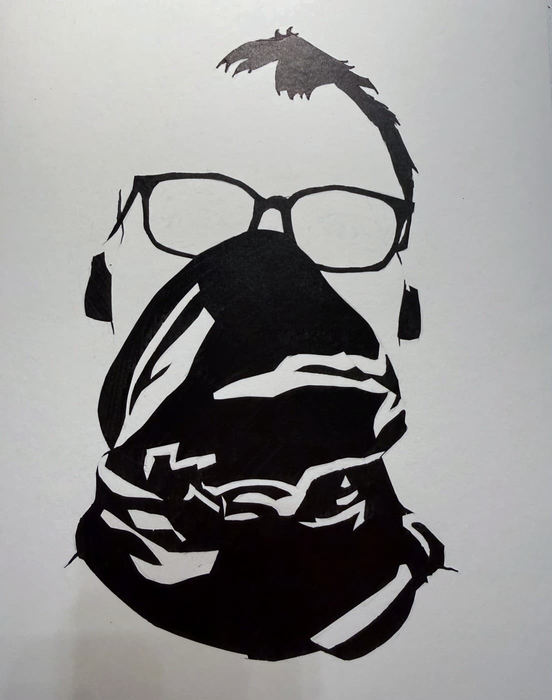 Graphic ink portrait of a person in glasses with a wrapped head covering.