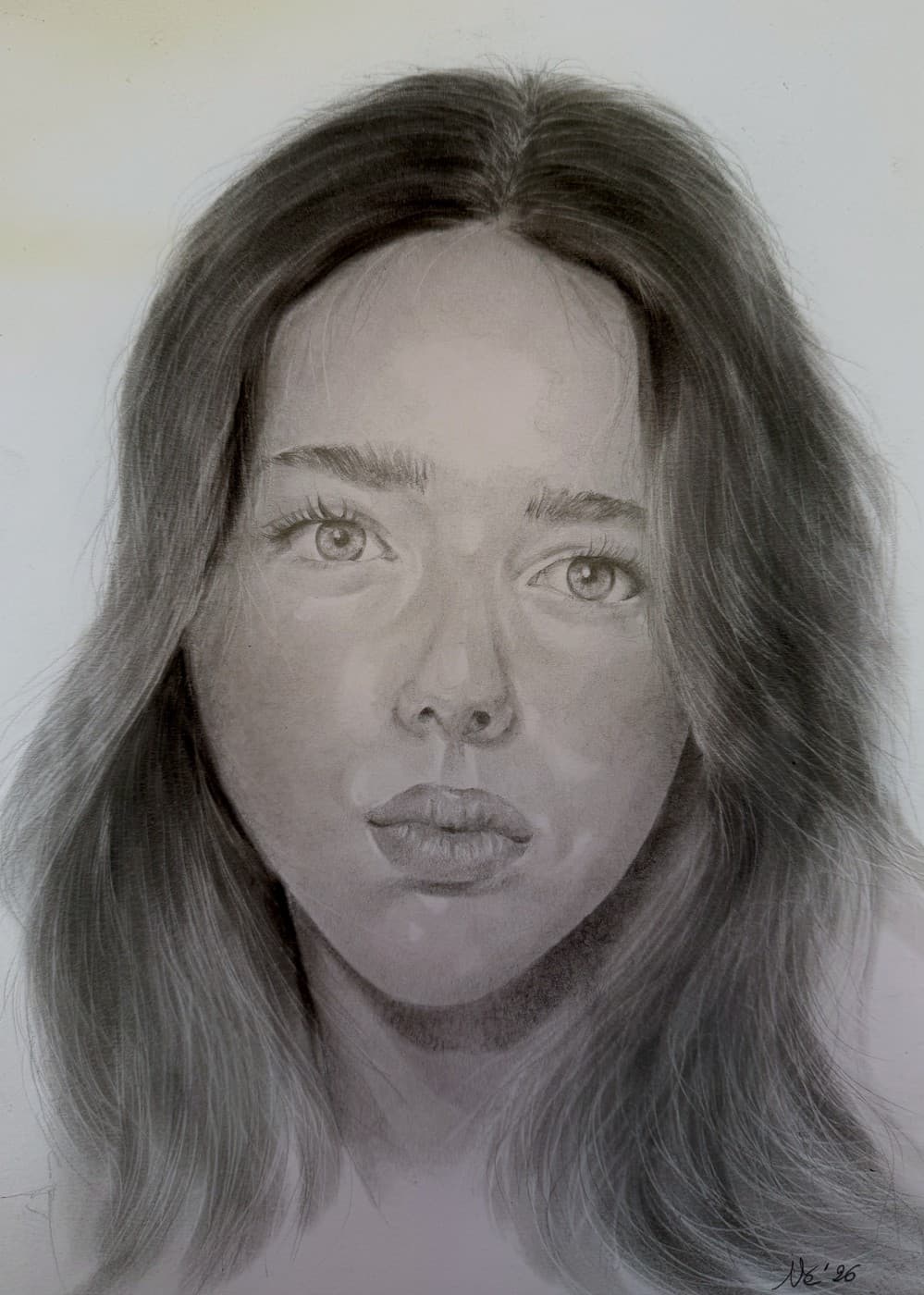 Pencil portrait of a young woman with long wavy hair, looking straight ahead.