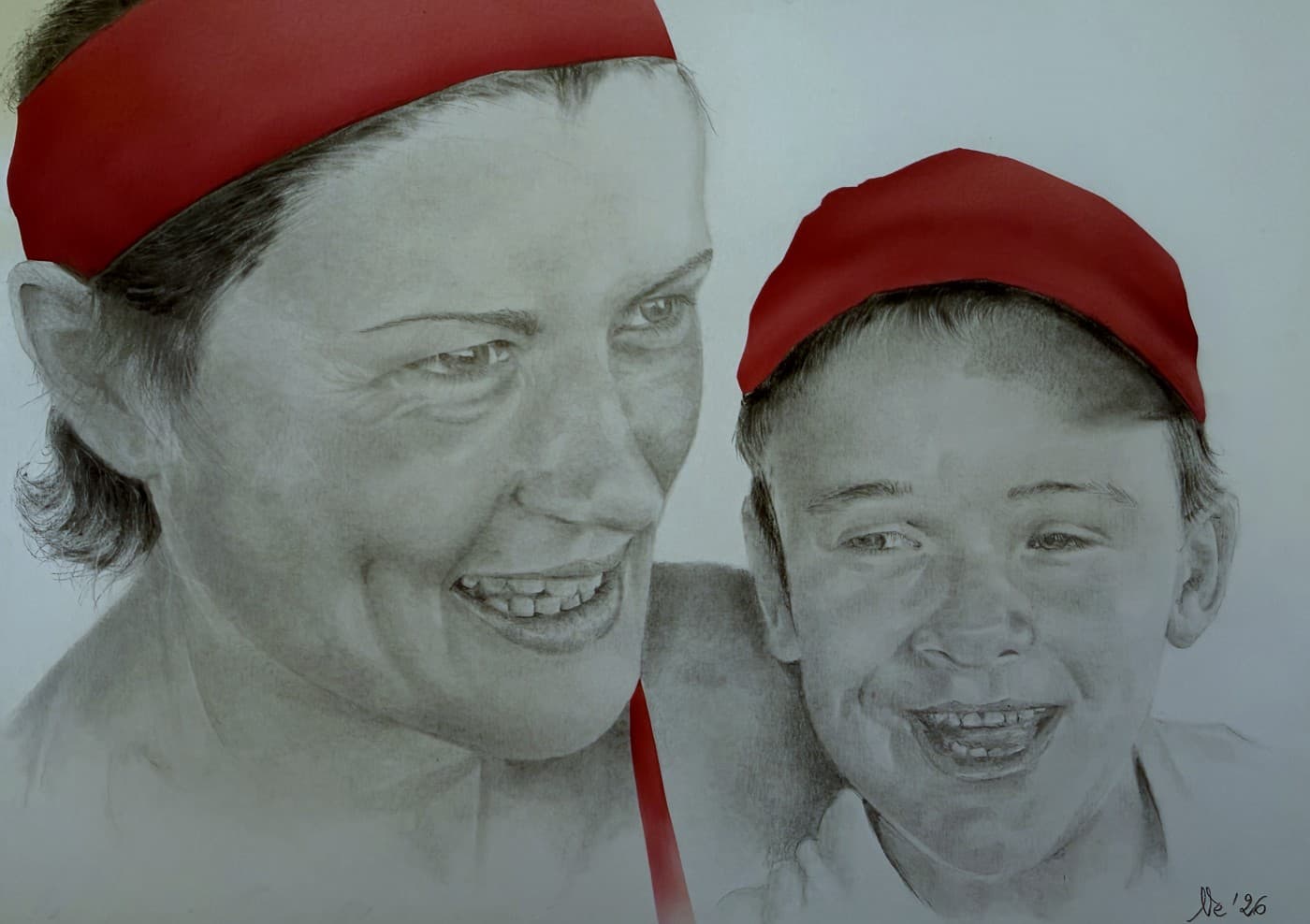Pencil portrait of a mother and son laughing together, both in red headwear.